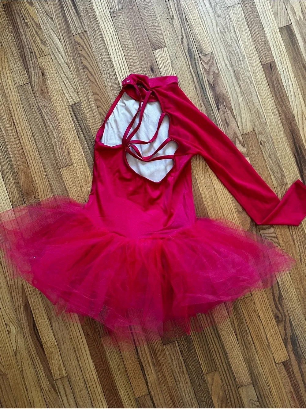 Weissman Candy Cane Red One-Shoulder Tutu Dress with Mesh Long Sleeve. Size LC